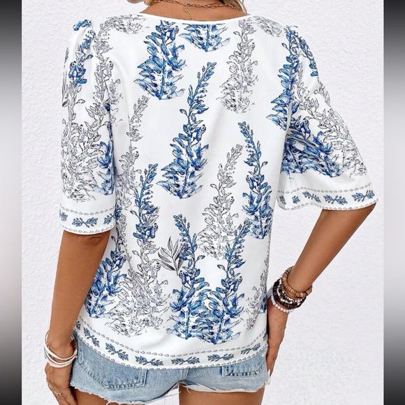 Boho Tropical Floral Print Puff Sleeve Top Blouse Shirt - Picture 2 of 7